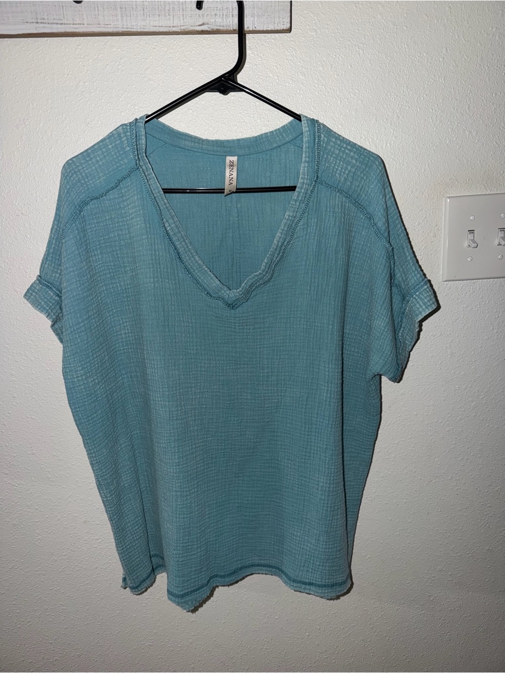 Zenana Outfitters Washed Teal V-Neck Lightweight Gauze Short Sleeve Top